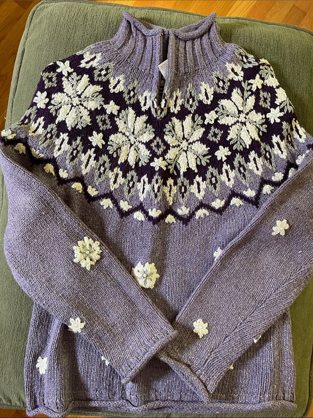 Coldwater Creek Lavender Fair Isle Zip-Neck Sweater with Cream Snowflakes